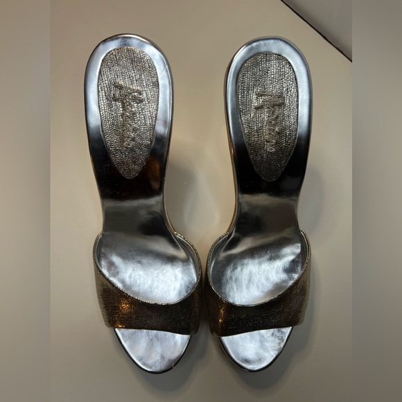 Marciano Silver Stiletto Heel with Wood Platform Textured Metallic Leather Mule - Picture 6 of 11